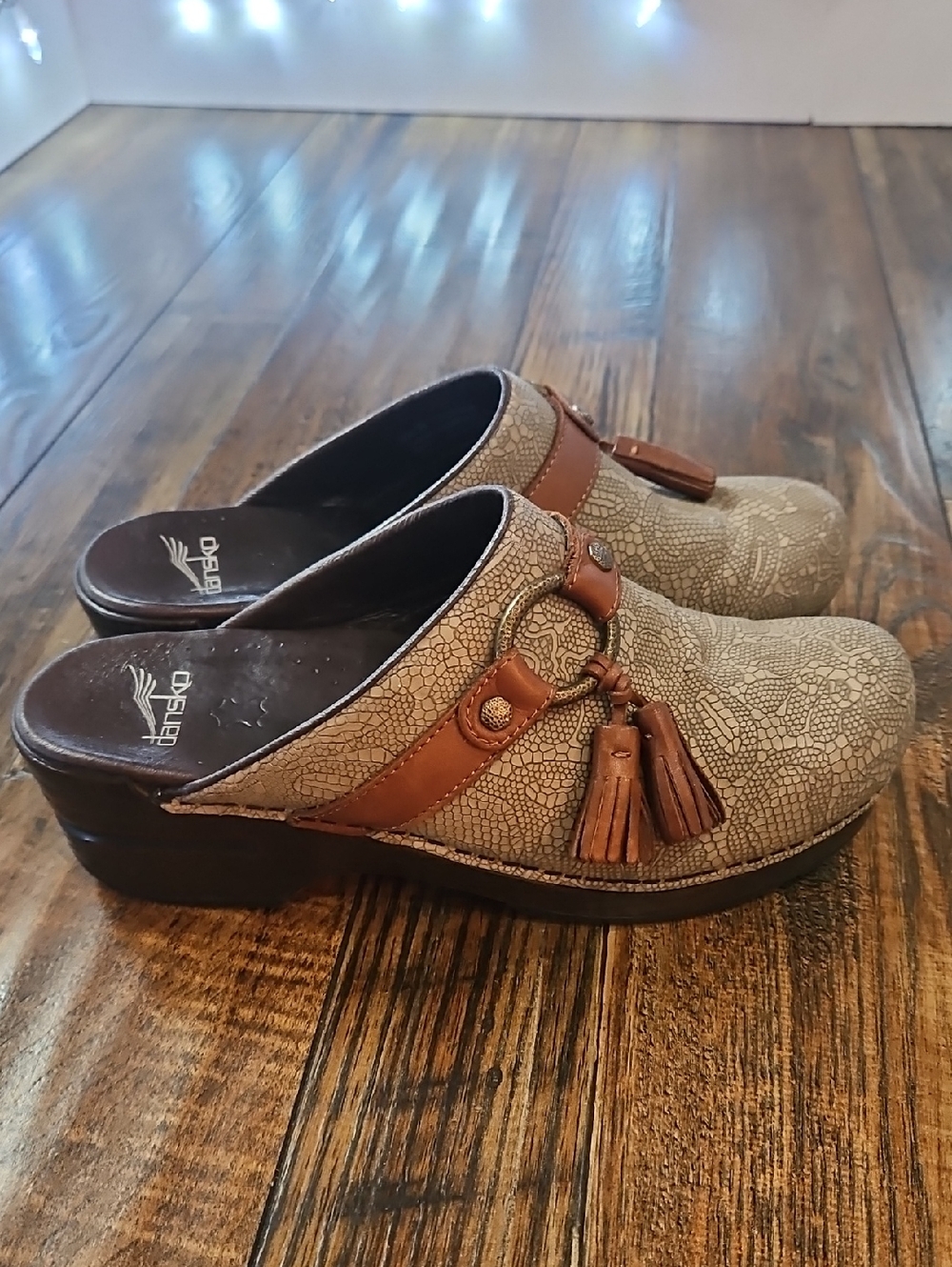 Dansko‎ Beige Patterned Tassel Clogs with Brown Trim